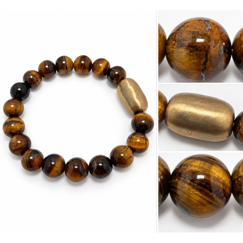 Tigers Eye Bead Bracelet Unisex 10mm Natural Stone Brown Gold Stretch Jewelry